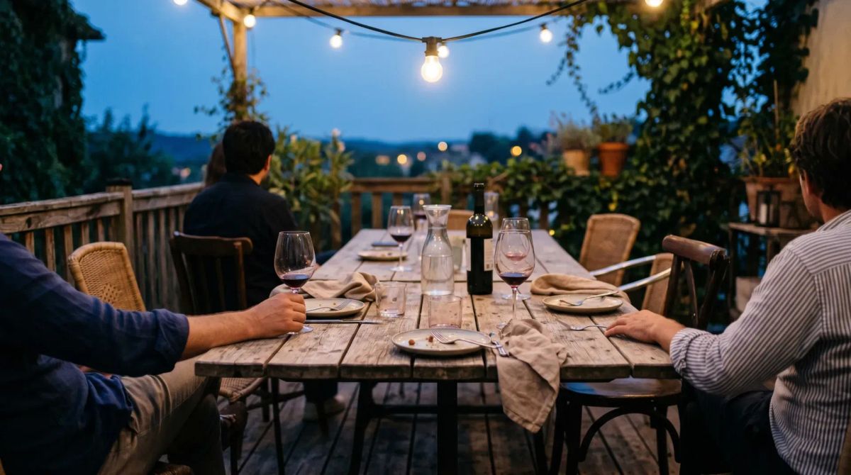 A late-summer outdoor terrace at dusk with two small tables pushed together, half-empty glasses, a single overhead light, no faces visible.