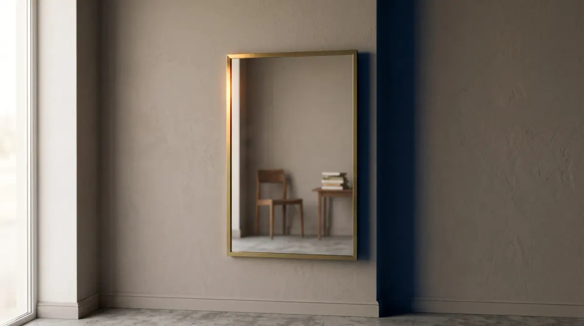A plain wall mirror hanging slightly crooked in an ordinary room, returning the space almost faithfully.