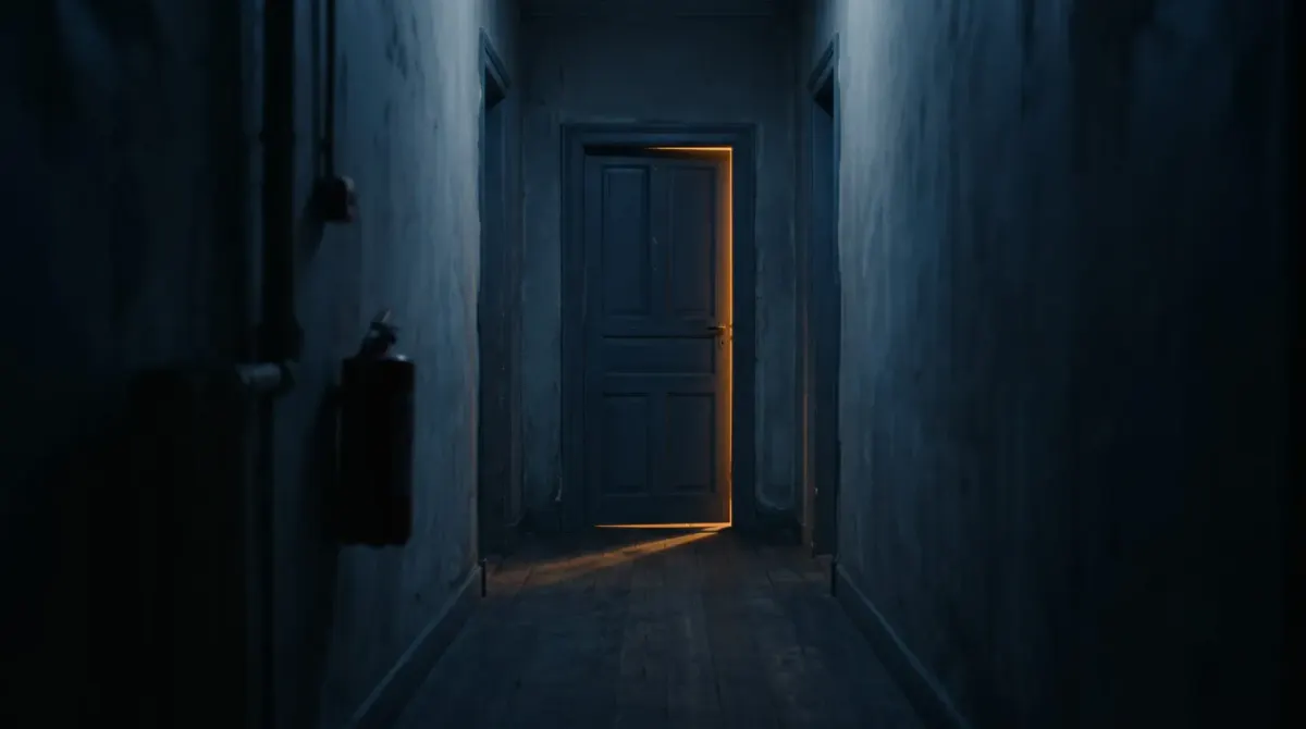 A single closed door at the end of a dim corridor, warm light spilling from beneath it.