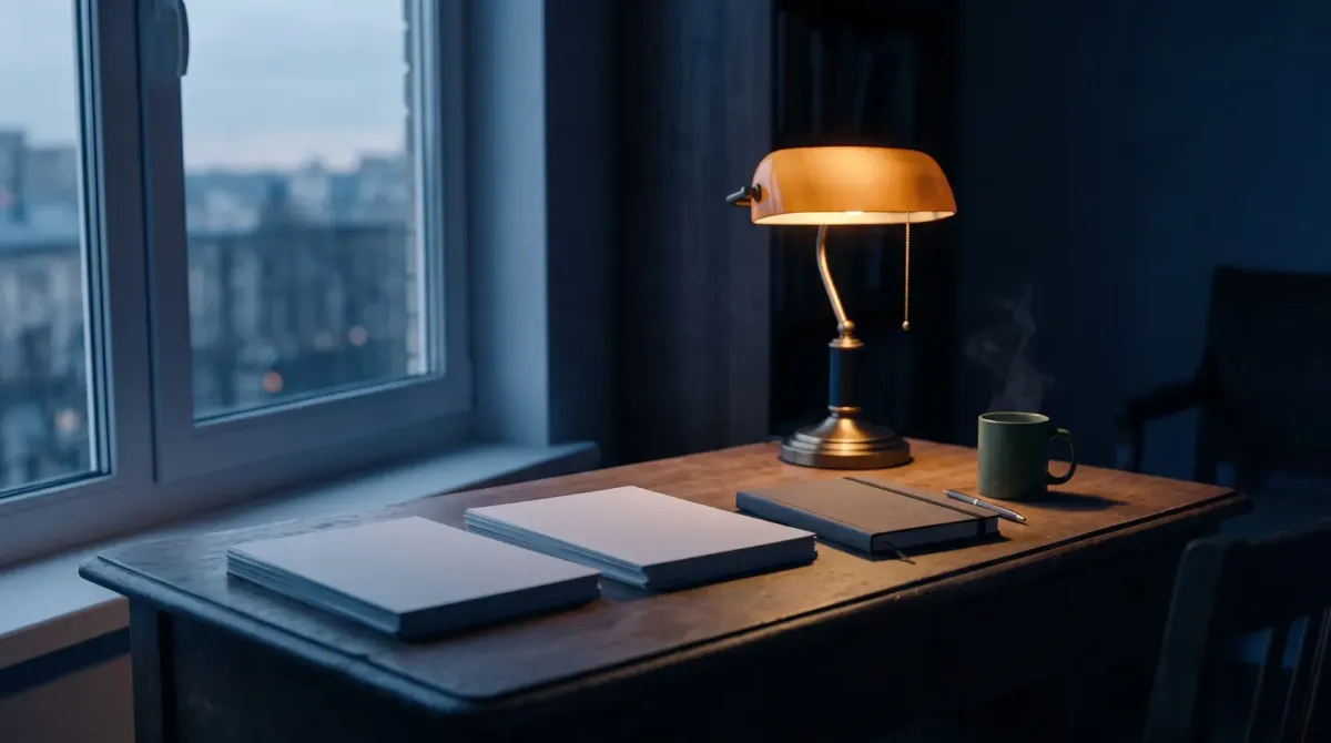 Two small stacks of pages side by side on a writing desk at dawn, lit by a single warm lamp.