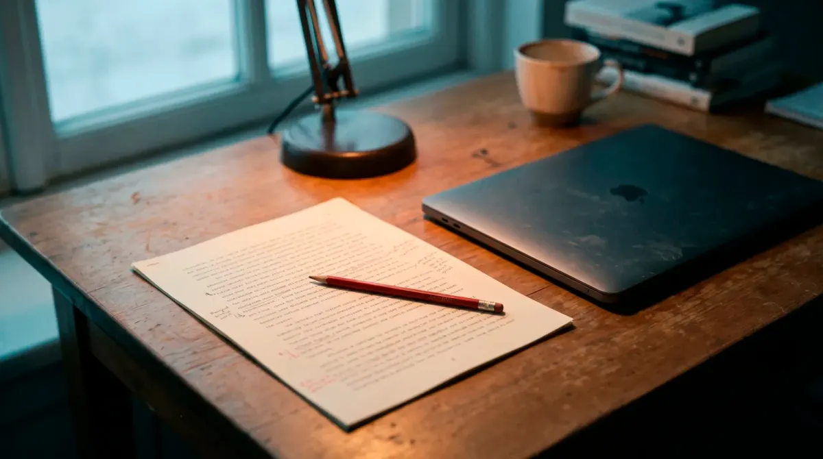 A finished printed page on a wooden desk at first light, a red editorial pencil across it, warm lamplight giving way to cold morning: a verdict quietly rewritten overnight.