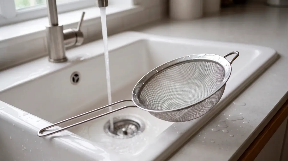 A fine metal kitchen sieve resting on the edge of a white sink in flat morning light, empty and still wet, a few drops of water left on the counter beside it, no people and no text.