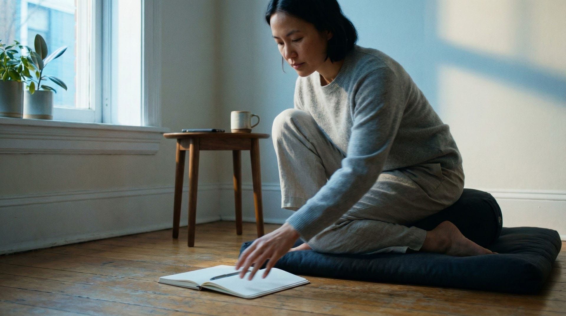 A notebook open beside a meditation cushion, pen ready, morning coffee nearby, practical simplicity.