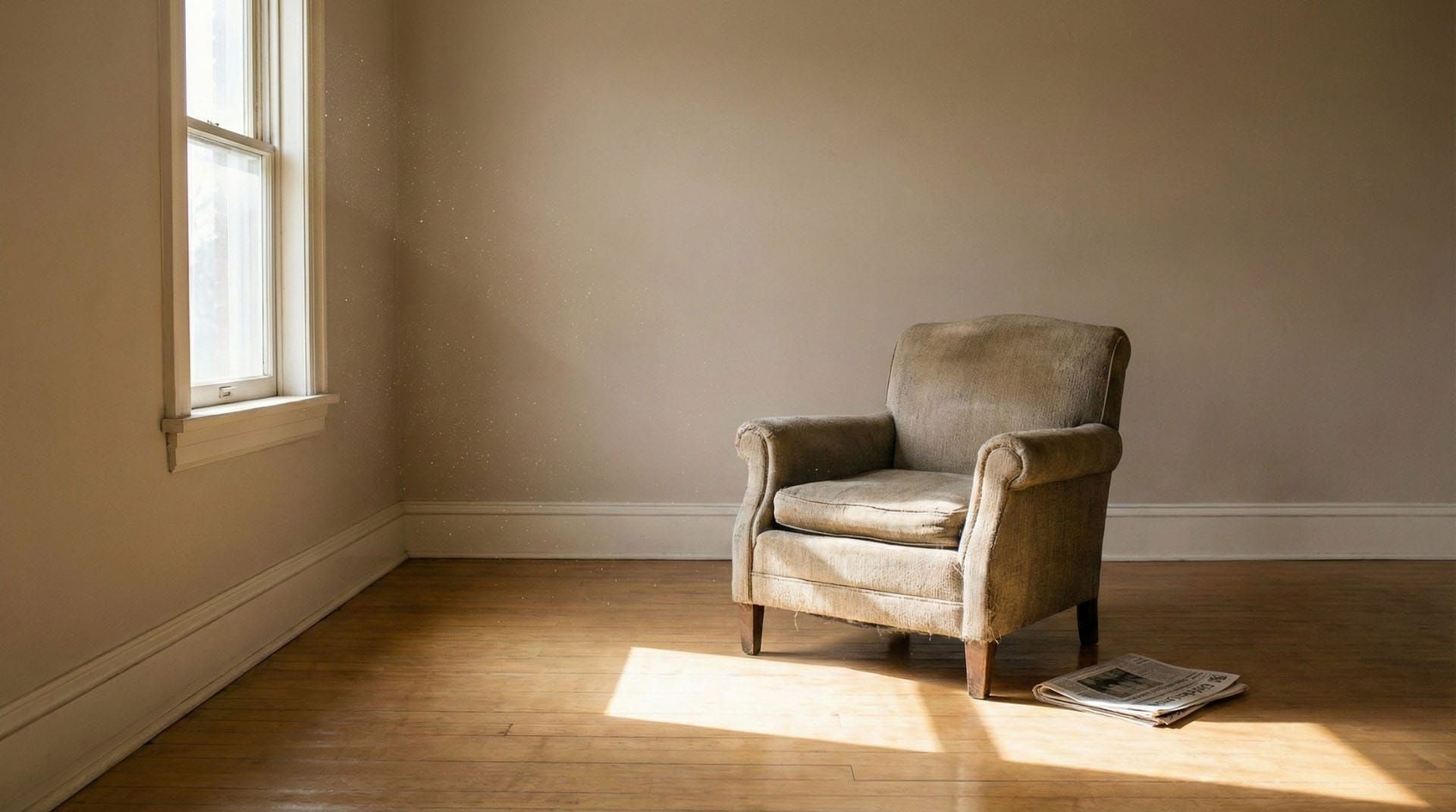 An empty room with scattered papers, a single chair, afternoon light through glass windows, no furniture.