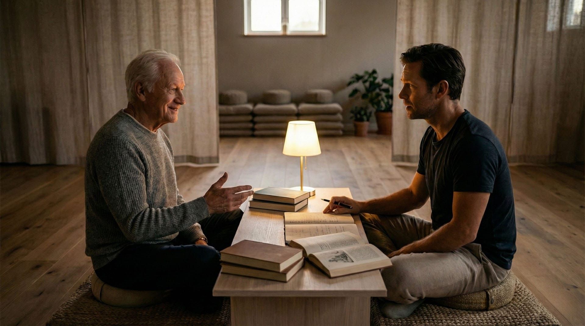 A meditation hall with empty cushions, one shaft of light from a high window illuminating dust, sparse and austere.