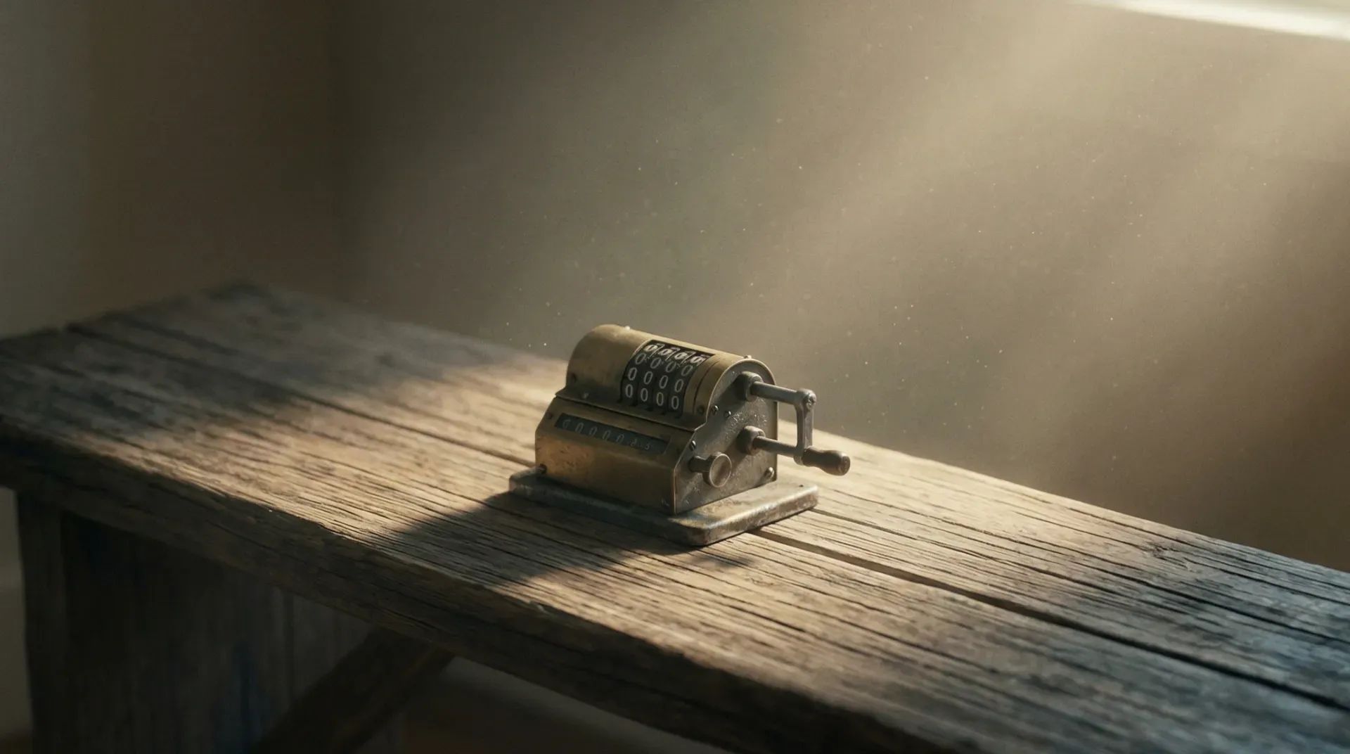 A mechanical counter showing zeros rests on a worn wooden meditation bench in soft morning light