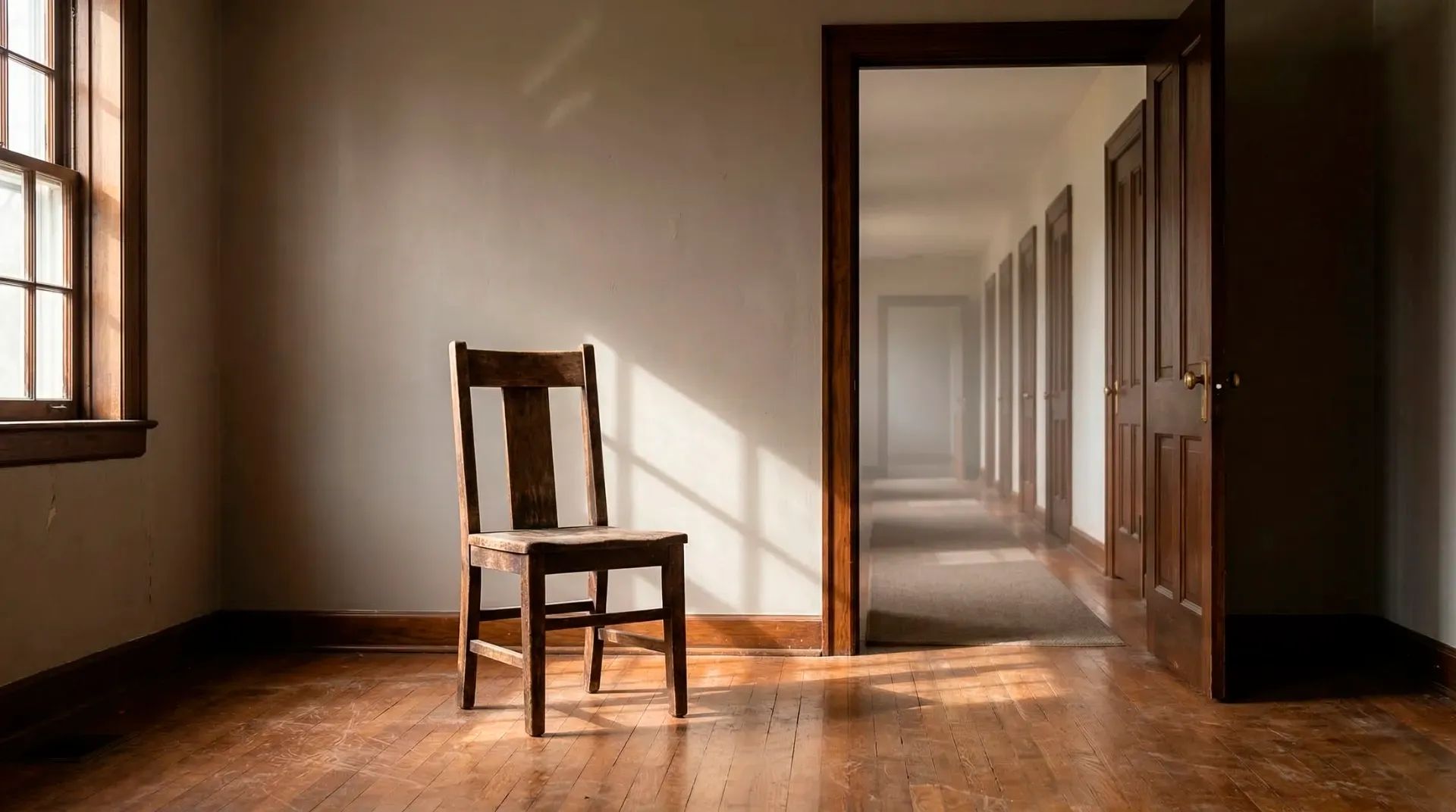 A wooden chair faces an open doorway leading to a long hallway with multiple doors disappearing into soft fog, morning light casting geometric shadows on worn hardwood floor