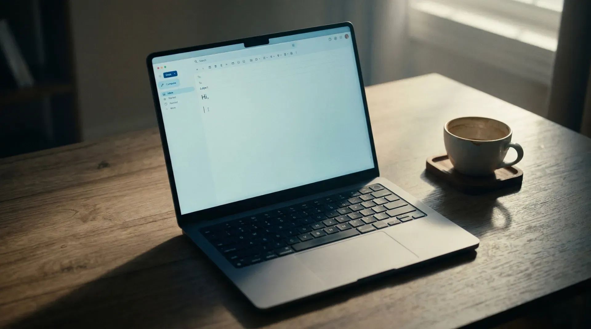A laptop showing an empty email draft with a blinking cursor, coffee cup nearby, soft morning light - representing the moment of hesitation before a difficult conversation.