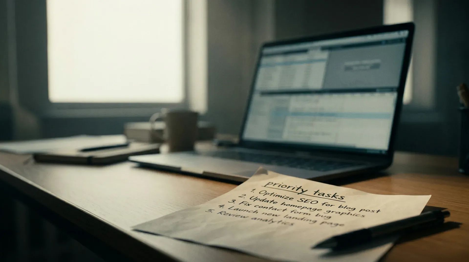 A desk with an open laptop showing editing software, a handwritten priority list in the foreground, natural window light.