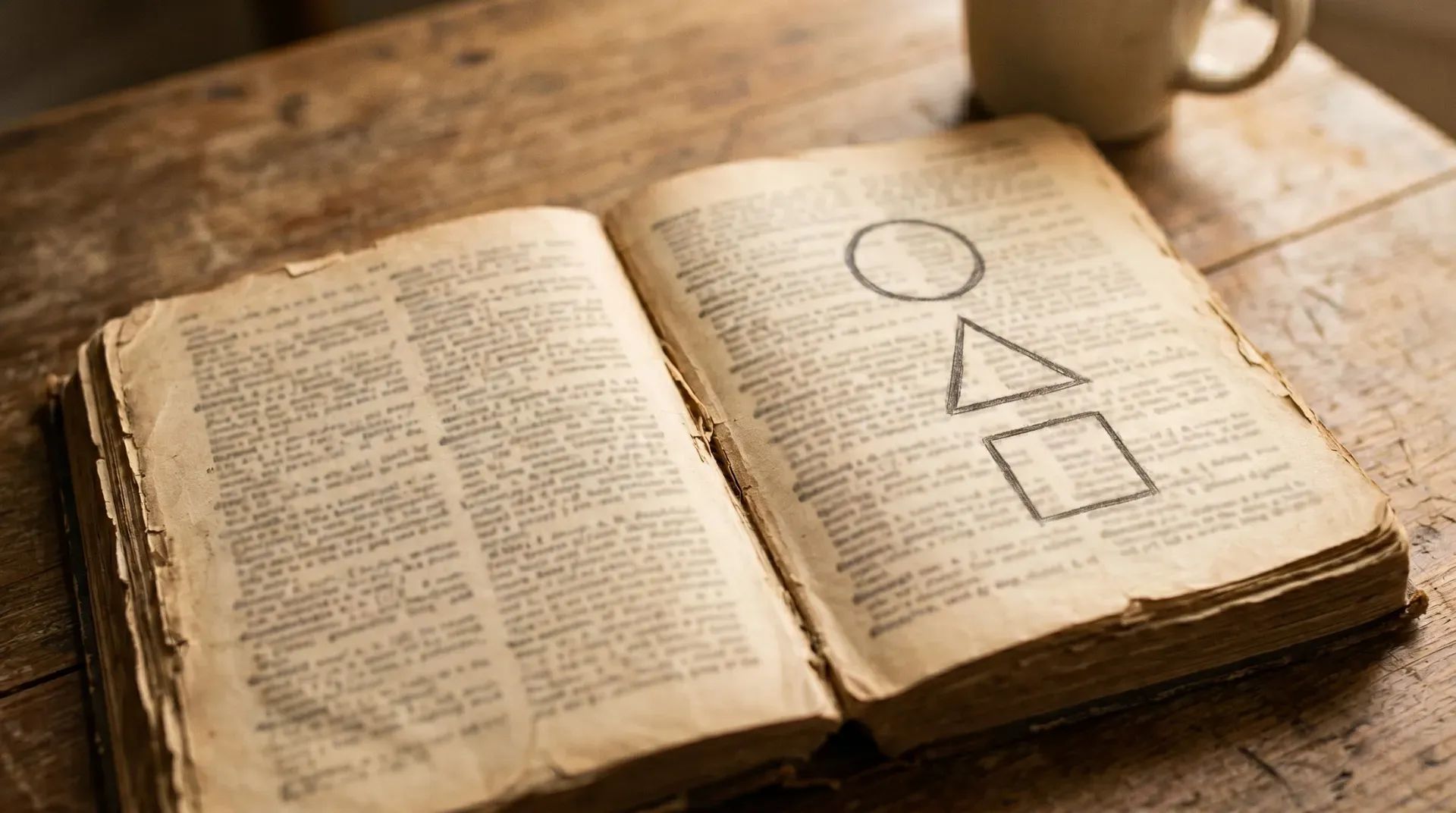 An open dictionary with out-of-focus pages; a hand-drawn square, triangle, and circle on the right page.