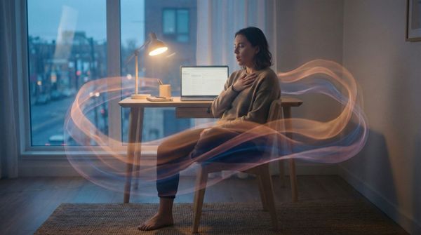 A person sitting on a bed in stillness, morning light, no phone visible, hands open on lap, deeply quiet moment.