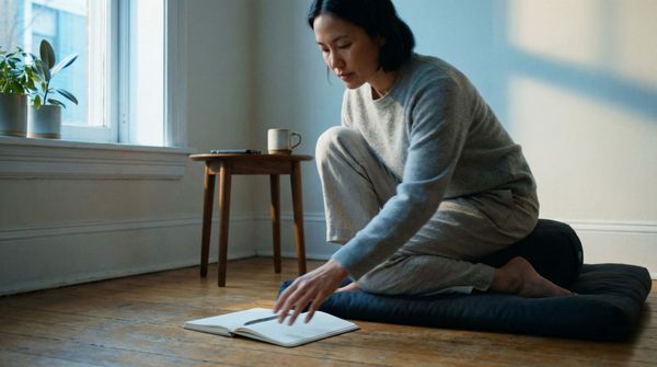 A notebook open beside a meditation cushion, pen ready, morning coffee nearby, practical simplicity.