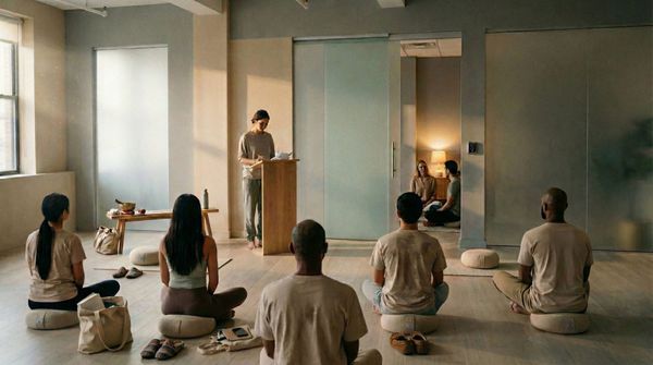 An organizational meeting room with meditation cushions arranged in a circle, students participating to a workshop, institutional anonymity.