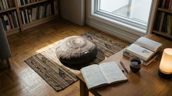 A meditation cushion in a sparse room with morning light, a worn journal open on a table nearby, natural shadows across both.