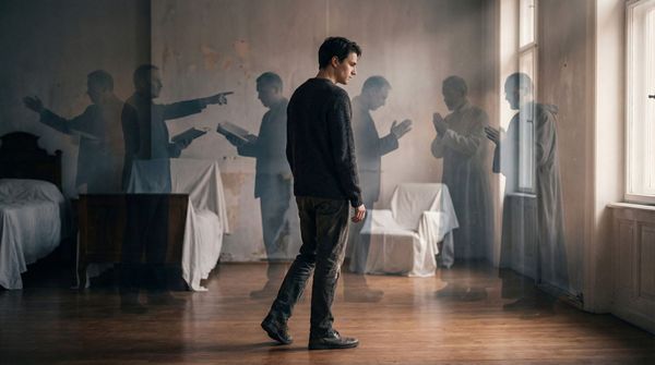 A person steps forward in soft light while translucent figures fade behind them, illustrating gentle movement away from inherited beliefs.