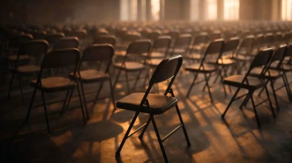 Empty chairs arranged in rows in a dimly lit hall, one chair slightly out of place, representing the moment of stepping away from compulsive service.