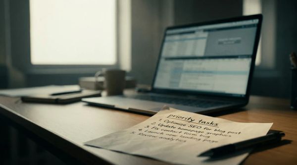 A desk with an open laptop showing editing software, a handwritten priority list in the foreground, natural window light.