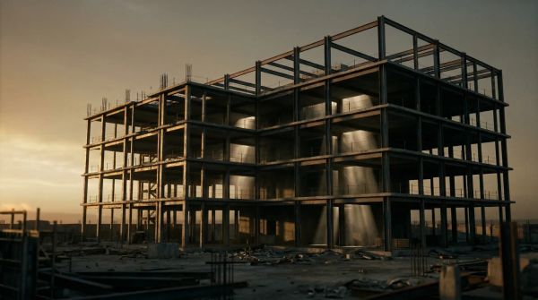 An unfinished building structure at dusk with exposed steel beams and scaffolding against a muted sky