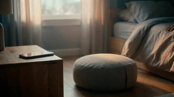 Empty meditation cushion beside an untouched phone in early morning light - the space between intention and action