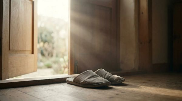 Worn house slippers at an open doorway with morning light streaming through - symbolizing the return home after a retreat