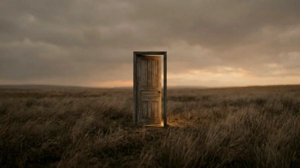 A single wooden door standing alone in an open field at dusk