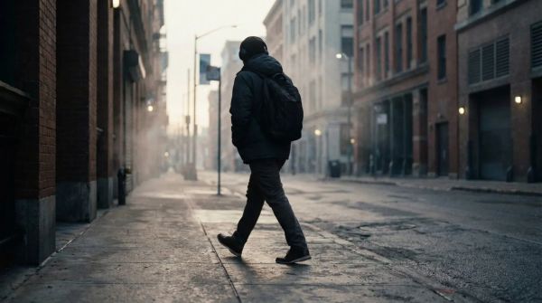 Person walking city street at dawn, representing daily practice in ordinary life