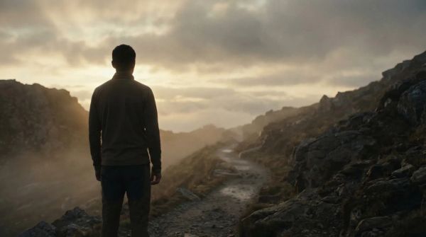 A single figure standing at the beginning of a narrow mountain path at dawn, looking ahead. Muted earth tones, fog in the distance. No visible face. Solitary but not lonely.