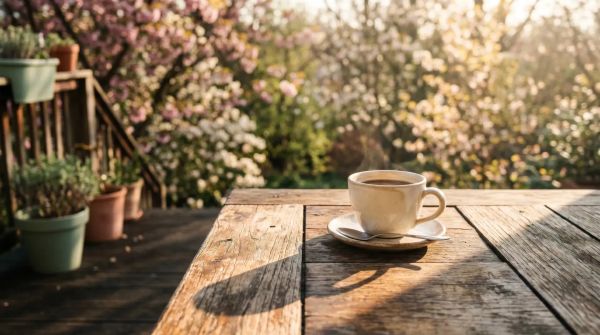 A coffee cup on a wooden terrace table in spring morning light, its shadow splitting the surface into two halves.