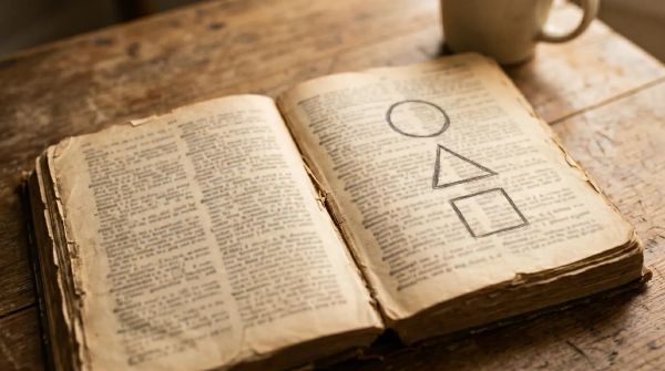 An open dictionary with out-of-focus pages; a hand-drawn square, triangle, and circle on the right page.