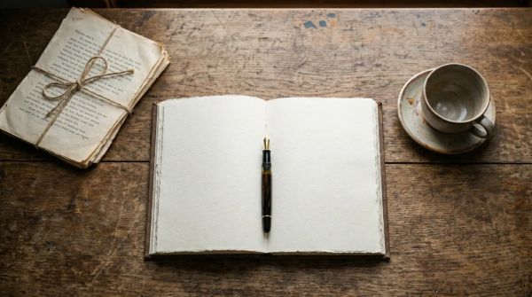 A wooden desk in morning light with an open journal, fountain pen, and a stack of yellowed typewritten papers nearby - a still life of source-checking and slow thought.