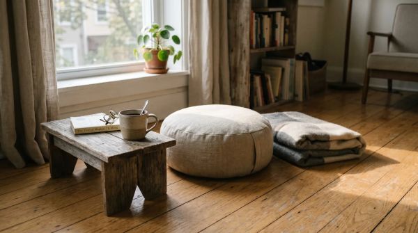 A meditation cushion on a wooden floor in early morning light, beside a half-finished coffee and a folded blanket, with no spiritual iconography in sight.