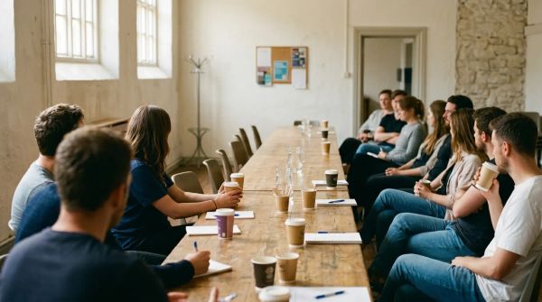 A long wooden table in a simple morning-lit room with paper coffee cups and empty chairs, no spiritual iconography visible.