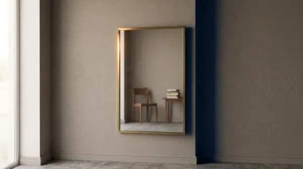 A plain wall mirror hanging slightly crooked in an ordinary room, returning the space almost faithfully.