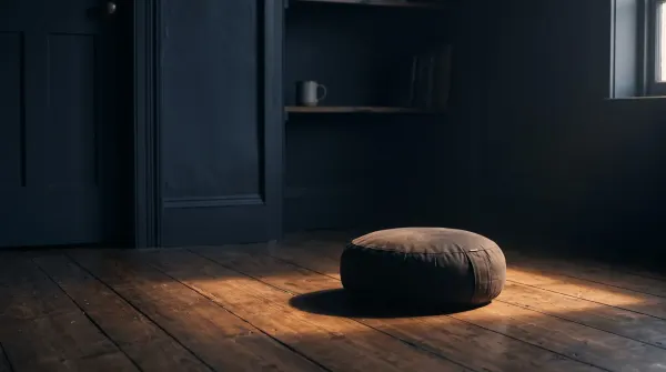 An empty round meditation cushion on a bare floor at first light, lit by a single warm lamp.