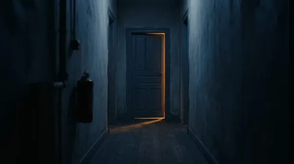 A single closed door at the end of a dim corridor, warm light spilling from beneath it.