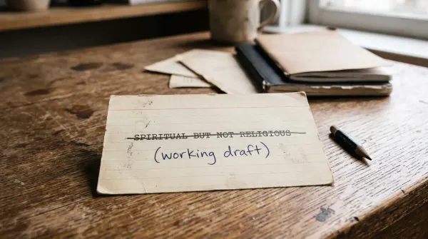 A library index card with the typed phrase 'SPIRITUAL BUT NOT RELIGIOUS' crossed out by a single pencil line; underneath, in handwriting, 'working draft.'
