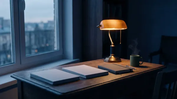 Two small stacks of pages side by side on a writing desk at dawn, lit by a single warm lamp.