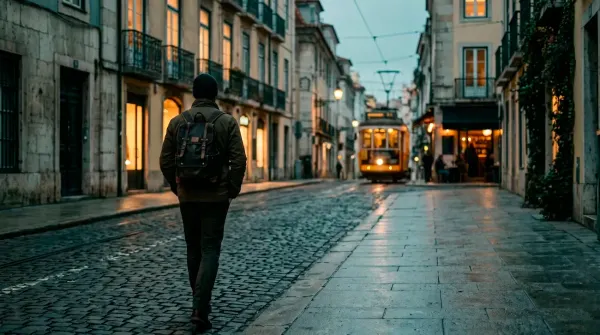A lone figure walking a cobblestone street at dusk, warm-lit windows around, an empty space on the pavement beside them - being comfortable alone, and the absence you only notice sometimes.