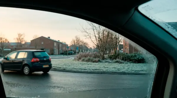 Seen through a car window at winter dawn, a second car exits a roundabout in the opposite direction, an empty diagonal between the two cars; the last look of a relationship given up...