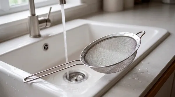 A fine metal kitchen sieve resting on the edge of a white sink in flat morning light, empty and still wet, a few drops of water left on the counter beside it, no people and no text.