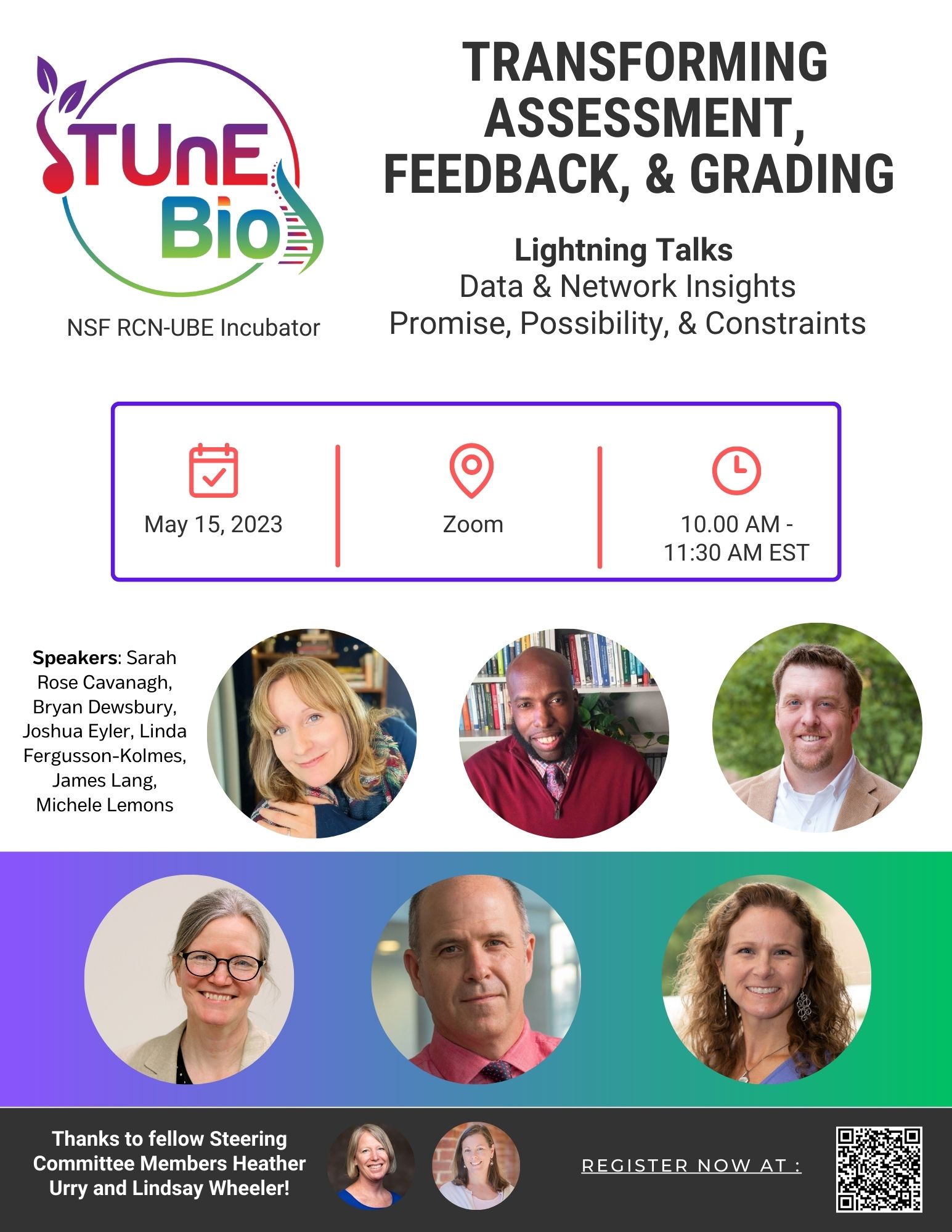 Flyer for webinar - Transforming Assessment, Feedback, and Grading. Lightning talks - May 15 2023, Zoom, 10 am. Headshots of speakers - Sarah Cavanagh, Bryan Dewsbury, Josh Eyler, Linda Fergusson-Kolmes, James Lang, Michele Lemons. Tune-Bio