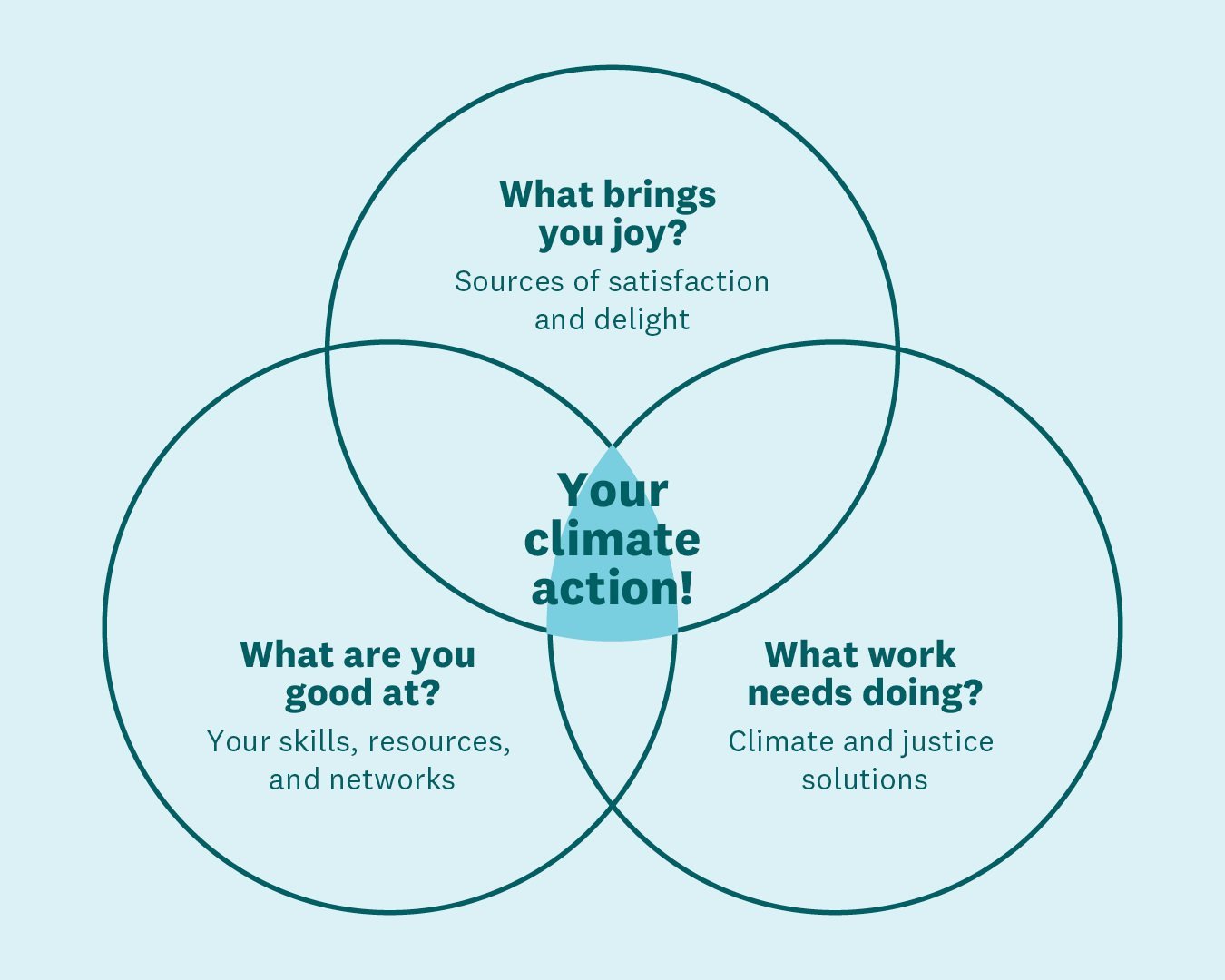 Three circle Venn Diagram - What brings you joy, what are you good at, what work needs doing, with "your climate action" in the center