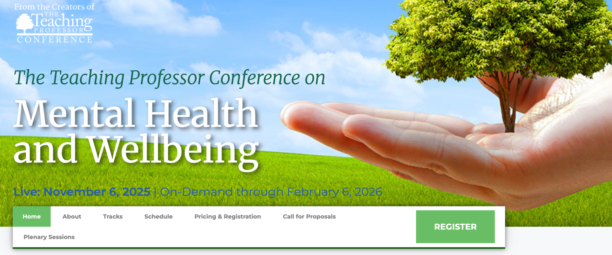 Screenshot of advertisement of above-described conference, with a banner image of a hand with a tree growing out of it and a landscape with grass and sun