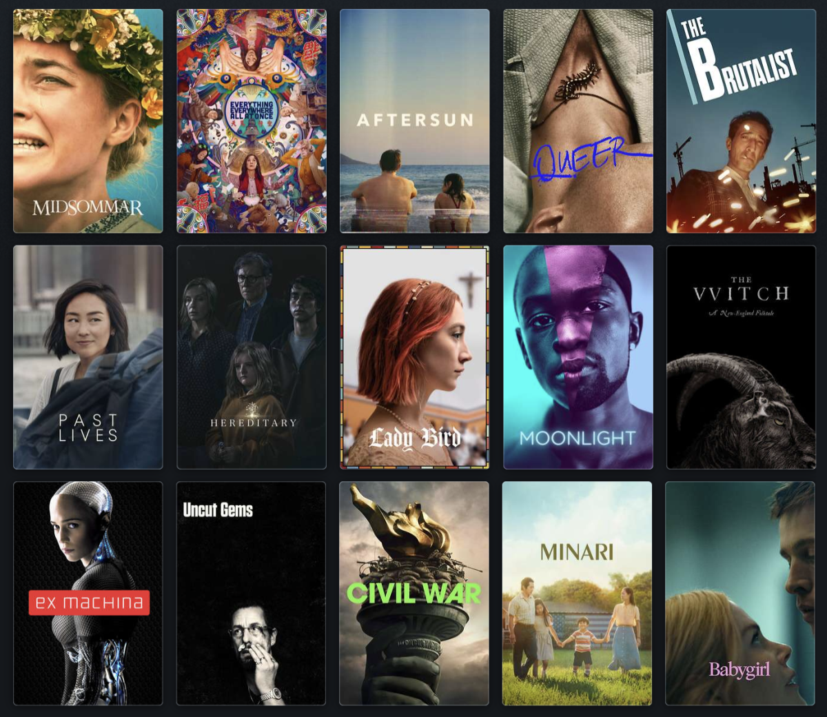 5x3 rid of A24 movie covers with black background, From MidSommar to Babygirl 