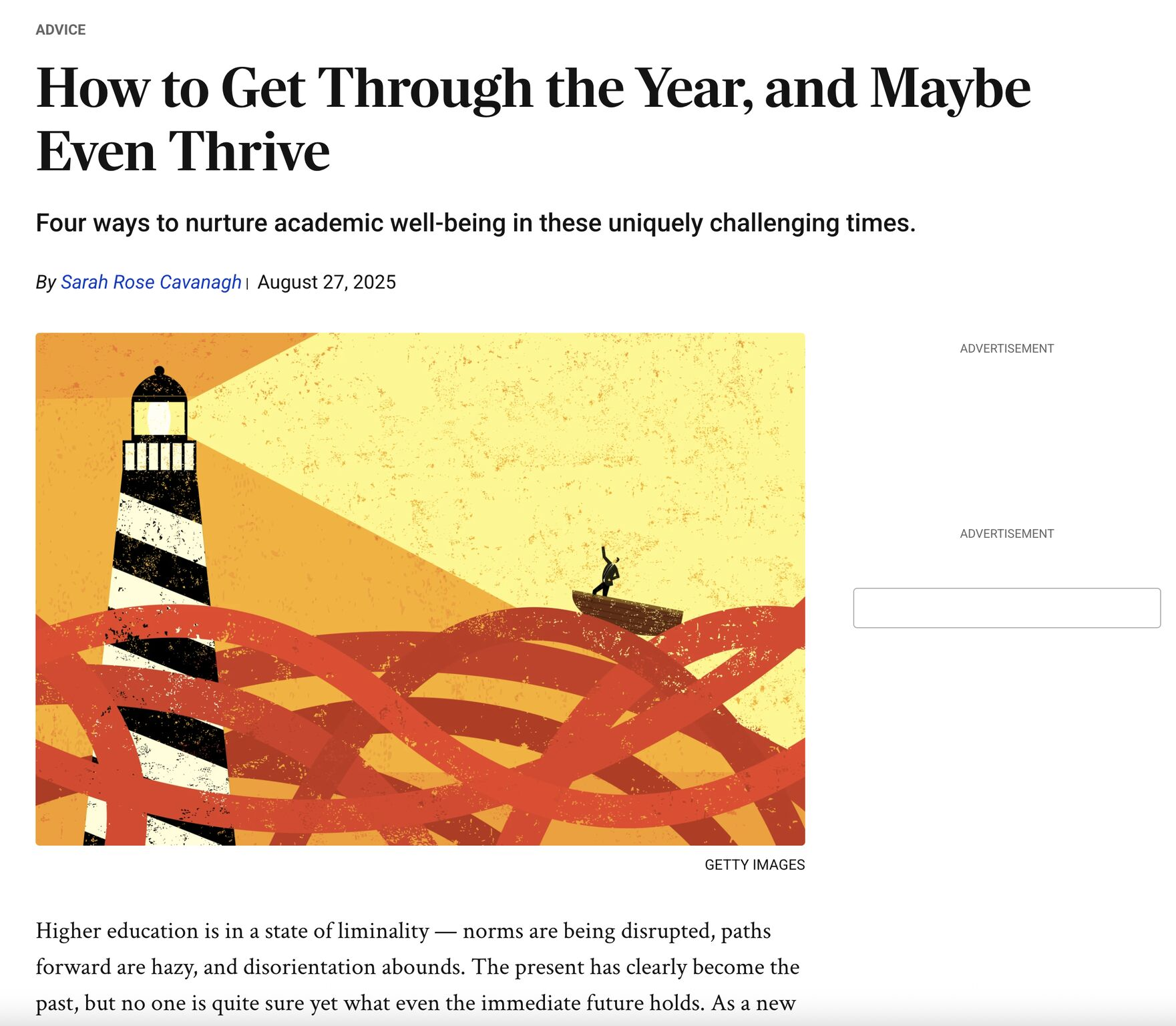 Screenshot of referenced article. Image is of a dark figure in a boat on orange wavy seas approaching a lighthouse, orange and yellow and red themed. Subtitle: Four ways to nurture academic well-being in these uniquely challenging times.