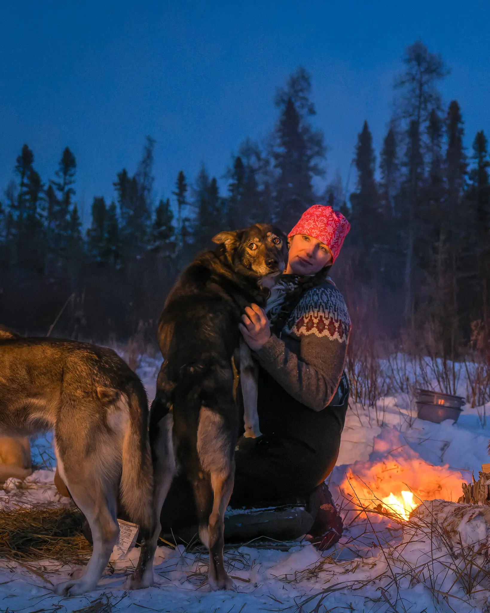 A dog stands on Braverman's lap next to a campfire at night, looking worriedly over her shoulder