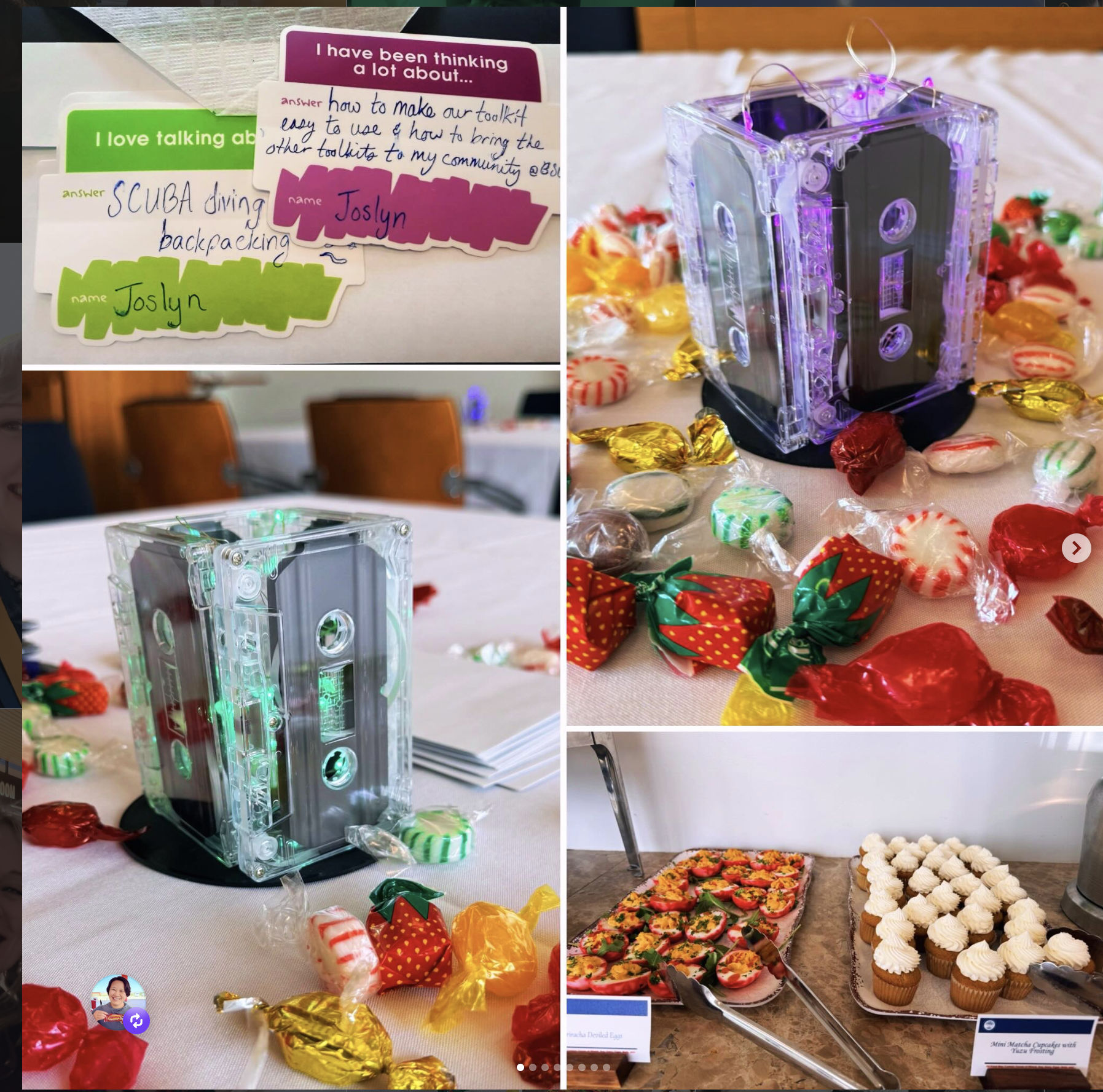 Four images in an array - two are lit-up cassette tape centerpieces surrounded by candy, one is of several icebreaker nametags filled out by Joslyn, one of deviled eggs and cucpakes.