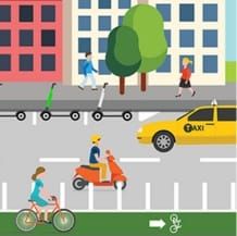 An image with characters from the city using transportation.