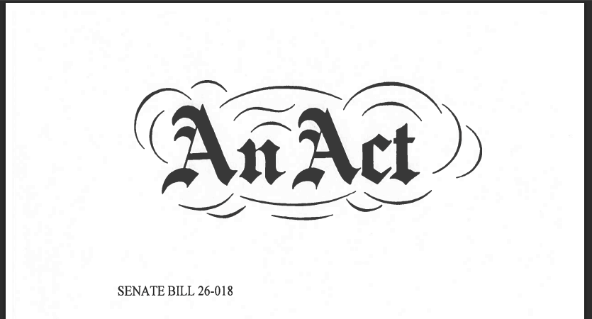colorado's an act header which reads an act followed by senate bill 26-018 in smaller text underneaht