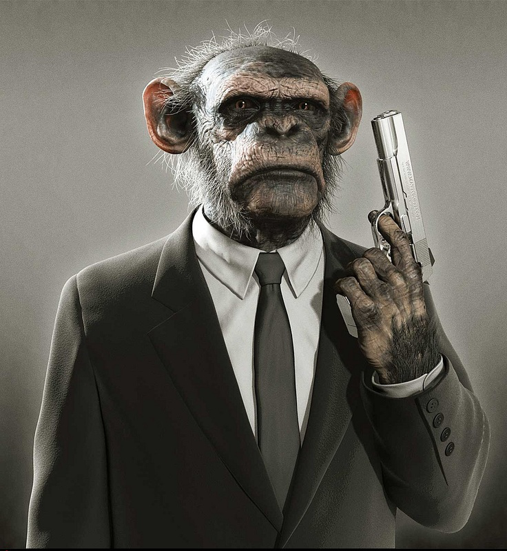 a rendering of a chimpanzee in a black suit and black tie holding a silver pistol